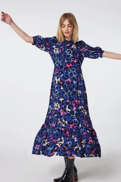 Women Scamp & Dude Bright Blue with Pink and Black Mixed Leopard Pintuck Puff Sleeve Midi Dress
