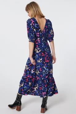 Women Scamp & Dude Bright Blue with Pink and Black Mixed Leopard Pintuck Puff Sleeve Midi Dress