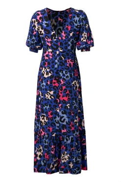 Women Scamp & Dude Bright Blue with Pink and Black Mixed Leopard Pintuck Puff Sleeve Midi Dress