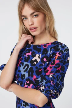 Women Scamp & Dude Bright Blue with Pink and Black Mixed Leopard Pintuck Puff Sleeve Midi Dress