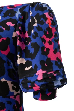 Women Scamp & Dude Bright Blue with Pink and Black Mixed Leopard Pintuck Puff Sleeve Midi Dress