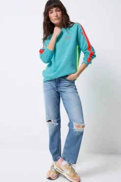 Women Scamp & Dude Bright Green with Coral Colourblock Relaxed Sweatshirt