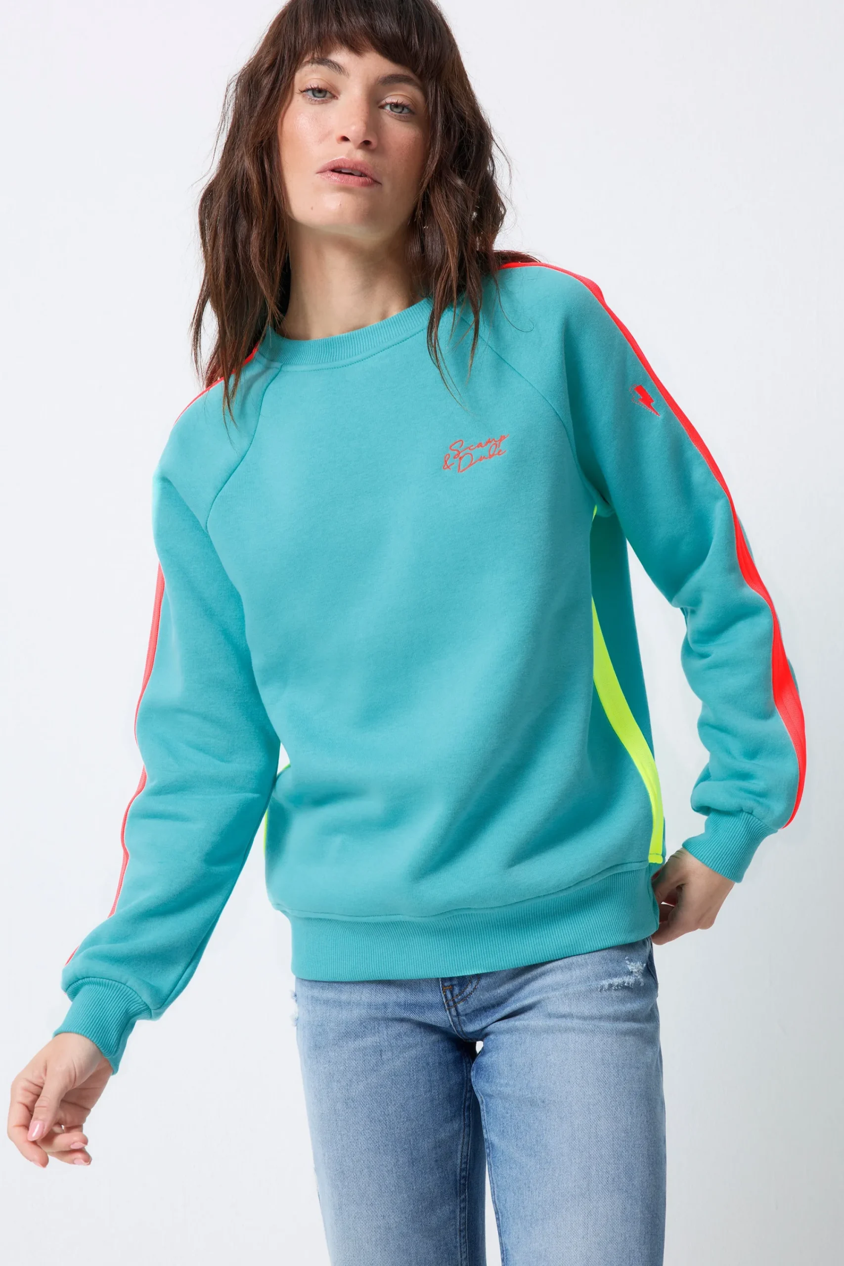 Women Scamp & Dude Bright Green with Coral Colourblock Relaxed Sweatshirt