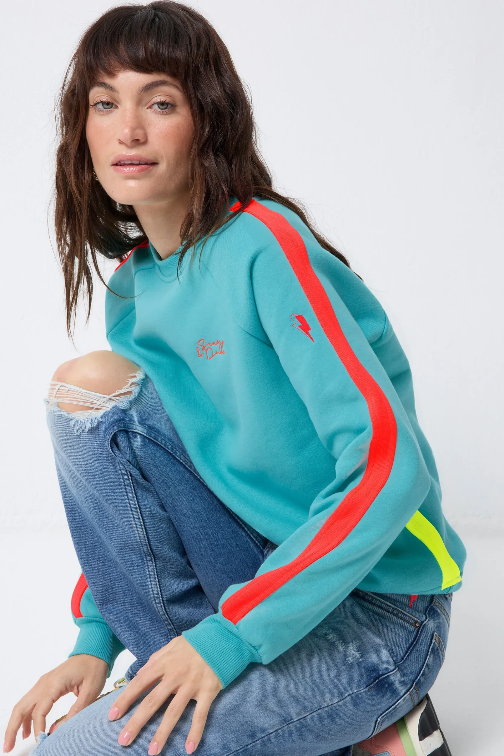 Women Scamp & Dude Bright Green with Coral Colourblock Relaxed Sweatshirt