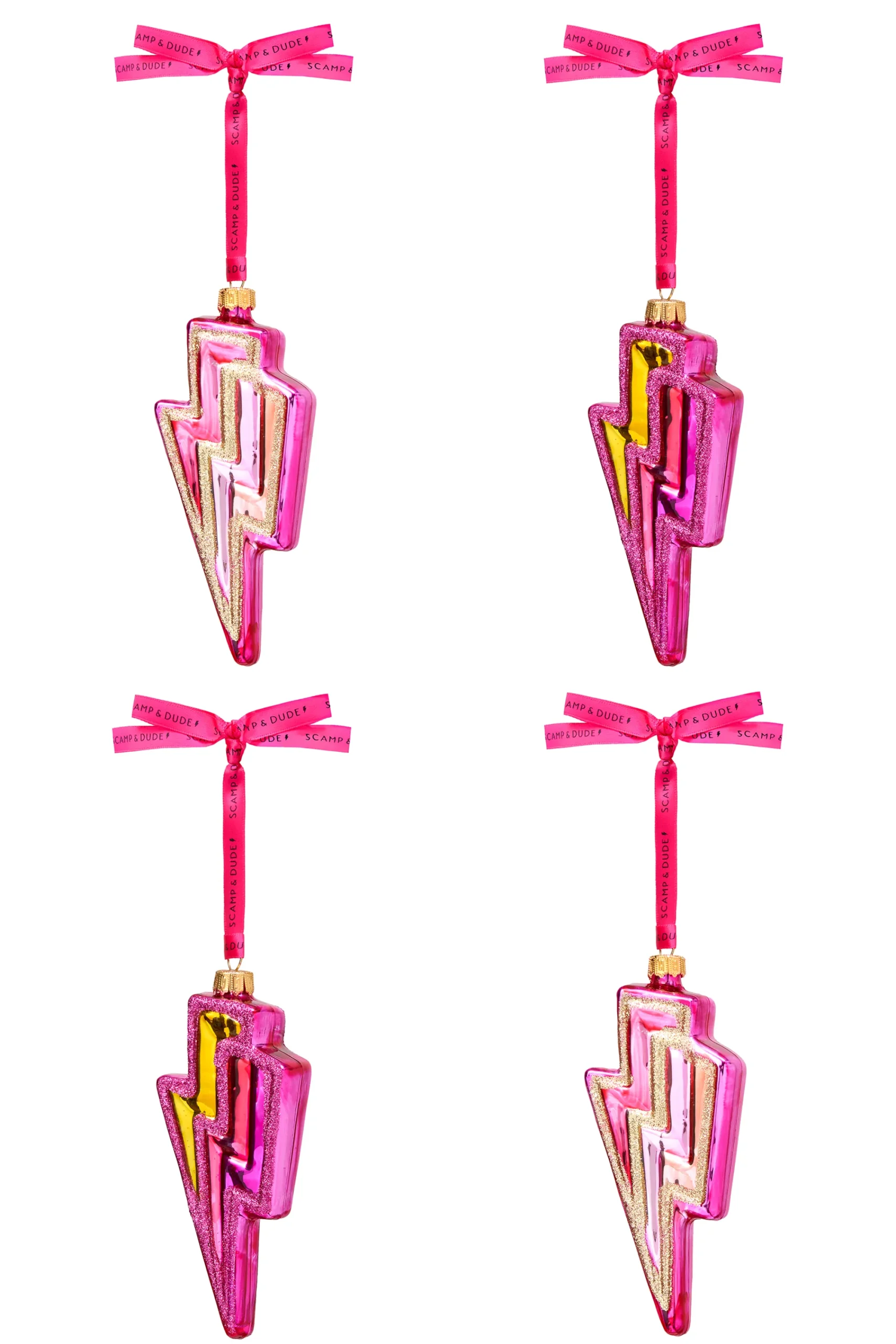 Women Scamp & Dude Bright Pink Lightning Bolt Bauble Set of 4