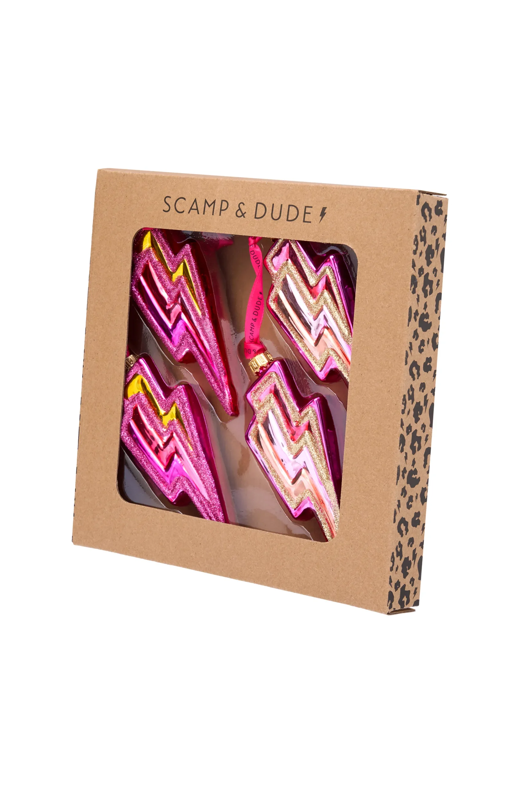 Women Scamp & Dude Bright Pink Lightning Bolt Bauble Set of 4