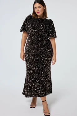 Women Scamp & Dude Bronze Sequin Tie Back Puff Sleeve Velvet Midi Dress