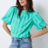 Women Scamp & Dude COMING SOON: Blue with Green Stripe Short Blouson Sleeve Top