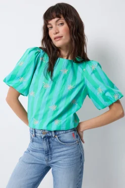 Women Scamp & Dude COMING SOON: Blue with Green Stripe Short Blouson Sleeve Top