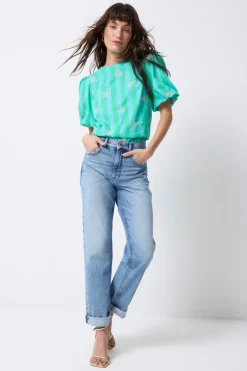 Women Scamp & Dude COMING SOON: Blue with Green Stripe Short Blouson Sleeve Top