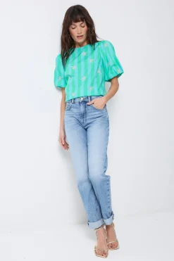 Women Scamp & Dude COMING SOON: Blue with Green Stripe Short Blouson Sleeve Top