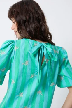 Women Scamp & Dude COMING SOON: Blue with Green Stripe Short Blouson Sleeve Top