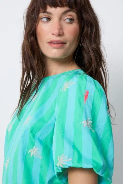 Women Scamp & Dude COMING SOON: Blue with Green Stripe Short Blouson Sleeve Top
