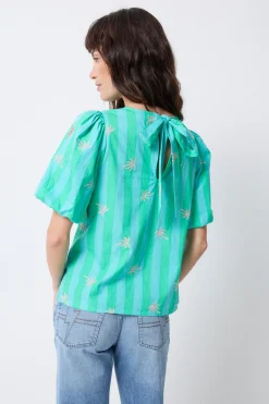 Women Scamp & Dude COMING SOON: Blue with Green Stripe Short Blouson Sleeve Top