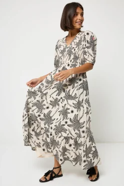Women Scamp & Dude COMING SOON: Neutral with Black Palm Spring Shirred Puff Sleeve Maxi Dress