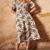 Women Scamp & Dude COMING SOON: Neutral with Black Palm Spring Shirred Puff Sleeve Midi Dress
