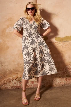 Women Scamp & Dude COMING SOON: Neutral with Black Palm Spring Shirred Puff Sleeve Midi Dress