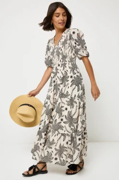 Women Scamp & Dude COMING SOON: Neutral with Black Palm Spring Shirred Puff Sleeve Maxi Dress