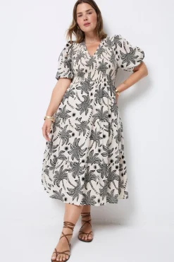 Women Scamp & Dude COMING SOON: Neutral with Black Palm Spring Shirred Puff Sleeve Midi Dress