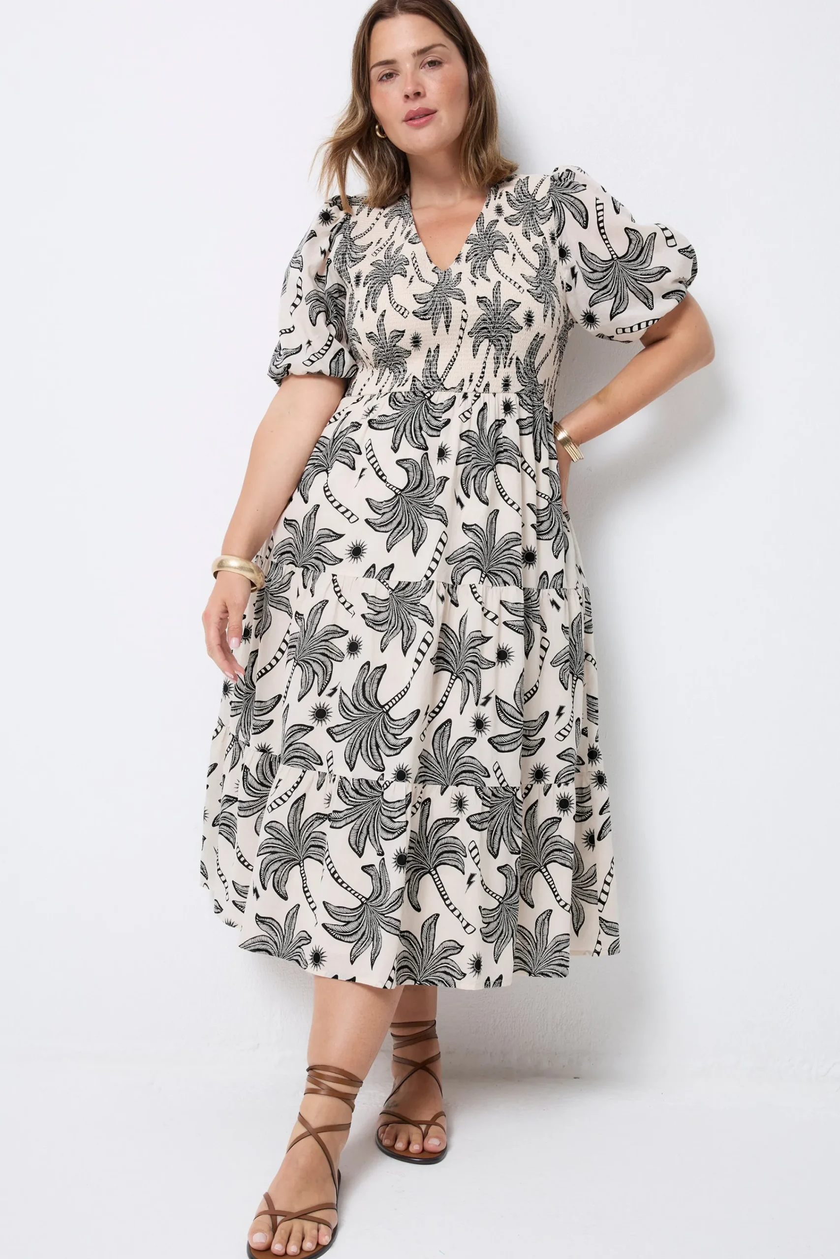 Women Scamp & Dude COMING SOON: Neutral with Black Palm Spring Shirred Puff Sleeve Midi Dress