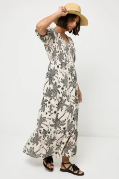Women Scamp & Dude COMING SOON: Neutral with Black Palm Spring Shirred Puff Sleeve Maxi Dress