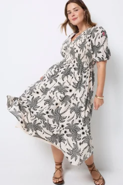 Women Scamp & Dude COMING SOON: Neutral with Black Palm Spring Shirred Puff Sleeve Midi Dress