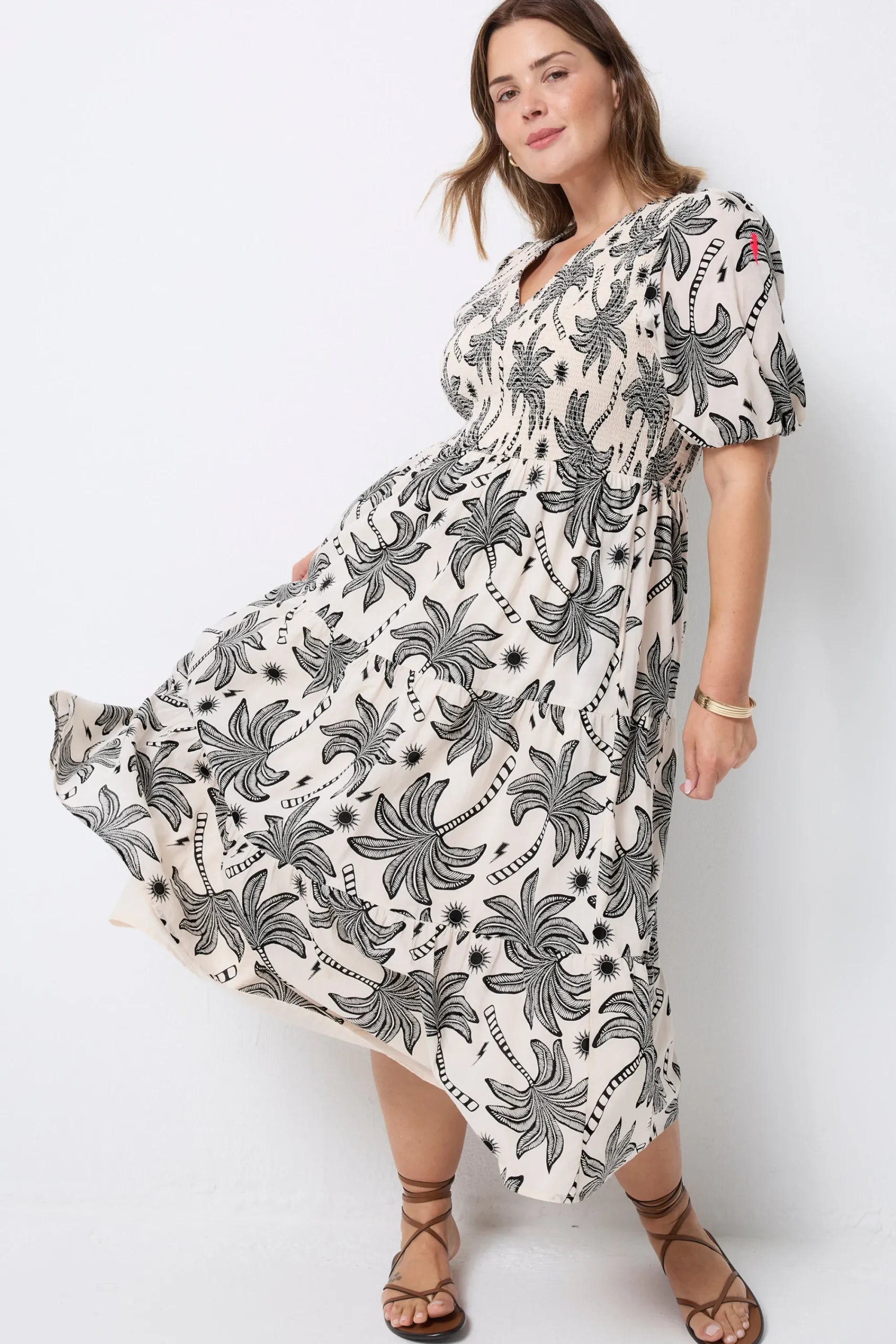 Women Scamp & Dude COMING SOON: Neutral with Black Palm Spring Shirred Puff Sleeve Midi Dress