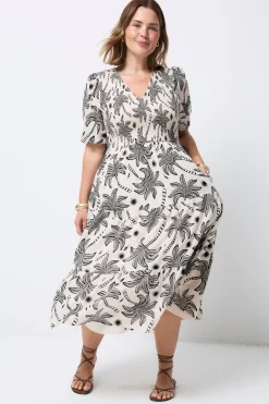 Women Scamp & Dude COMING SOON: Neutral with Black Palm Spring Shirred Puff Sleeve Midi Dress