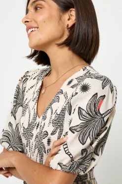 Women Scamp & Dude COMING SOON: Neutral with Black Palm Spring Shirred Puff Sleeve Maxi Dress