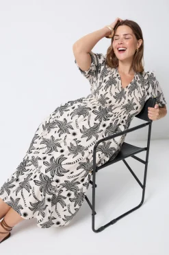 Women Scamp & Dude COMING SOON: Neutral with Black Palm Spring Shirred Puff Sleeve Midi Dress