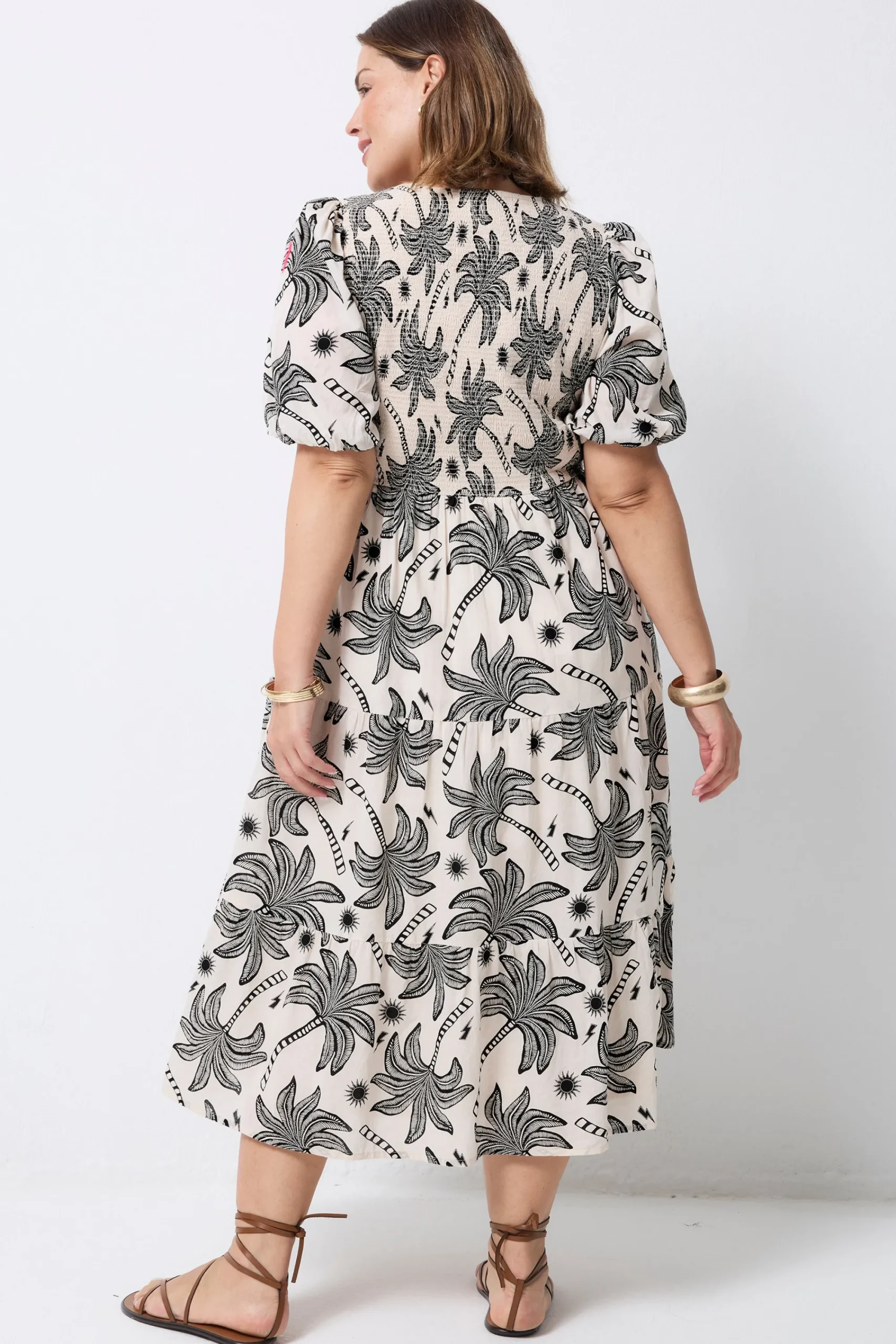 Women Scamp & Dude COMING SOON: Neutral with Black Palm Spring Shirred Puff Sleeve Midi Dress