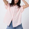 Women Scamp & Dude Coral and White Stripe Frill Sleeve Shirt