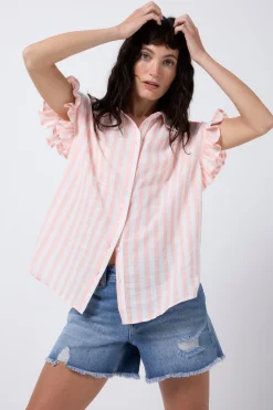 Women Scamp & Dude Coral and White Stripe Frill Sleeve Shirt