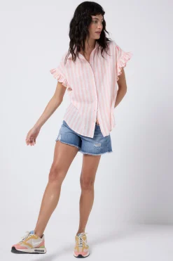Women Scamp & Dude Coral and White Stripe Frill Sleeve Shirt