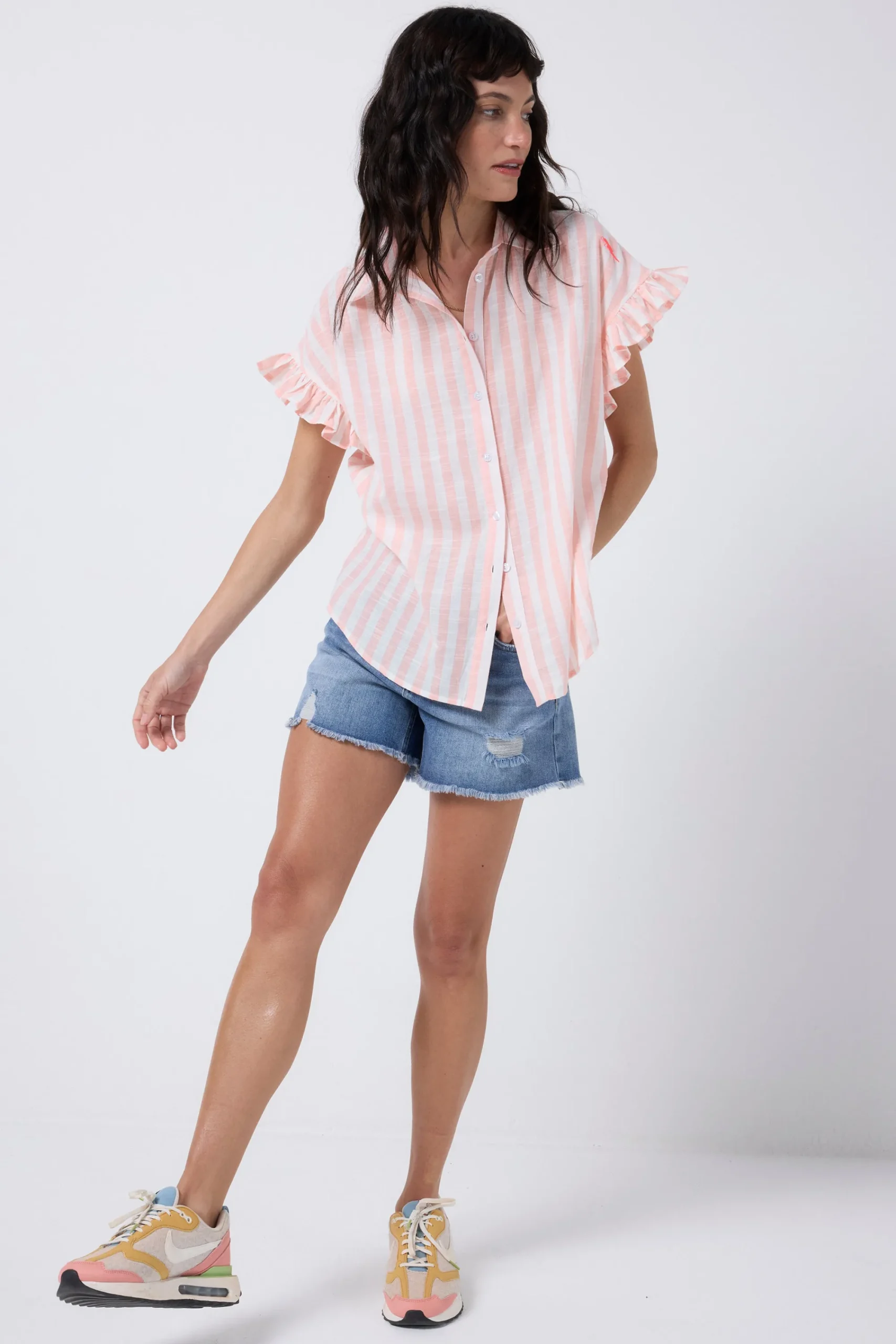 Women Scamp & Dude Coral and White Stripe Frill Sleeve Shirt