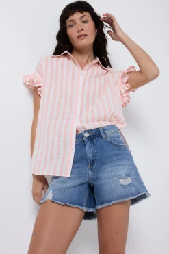 Women Scamp & Dude Coral and White Stripe Frill Sleeve Shirt