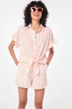 Women Scamp & Dude Coral and White Stripe Frill Hem Shorts