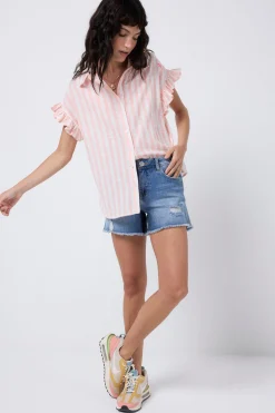 Women Scamp & Dude Coral and White Stripe Frill Sleeve Shirt