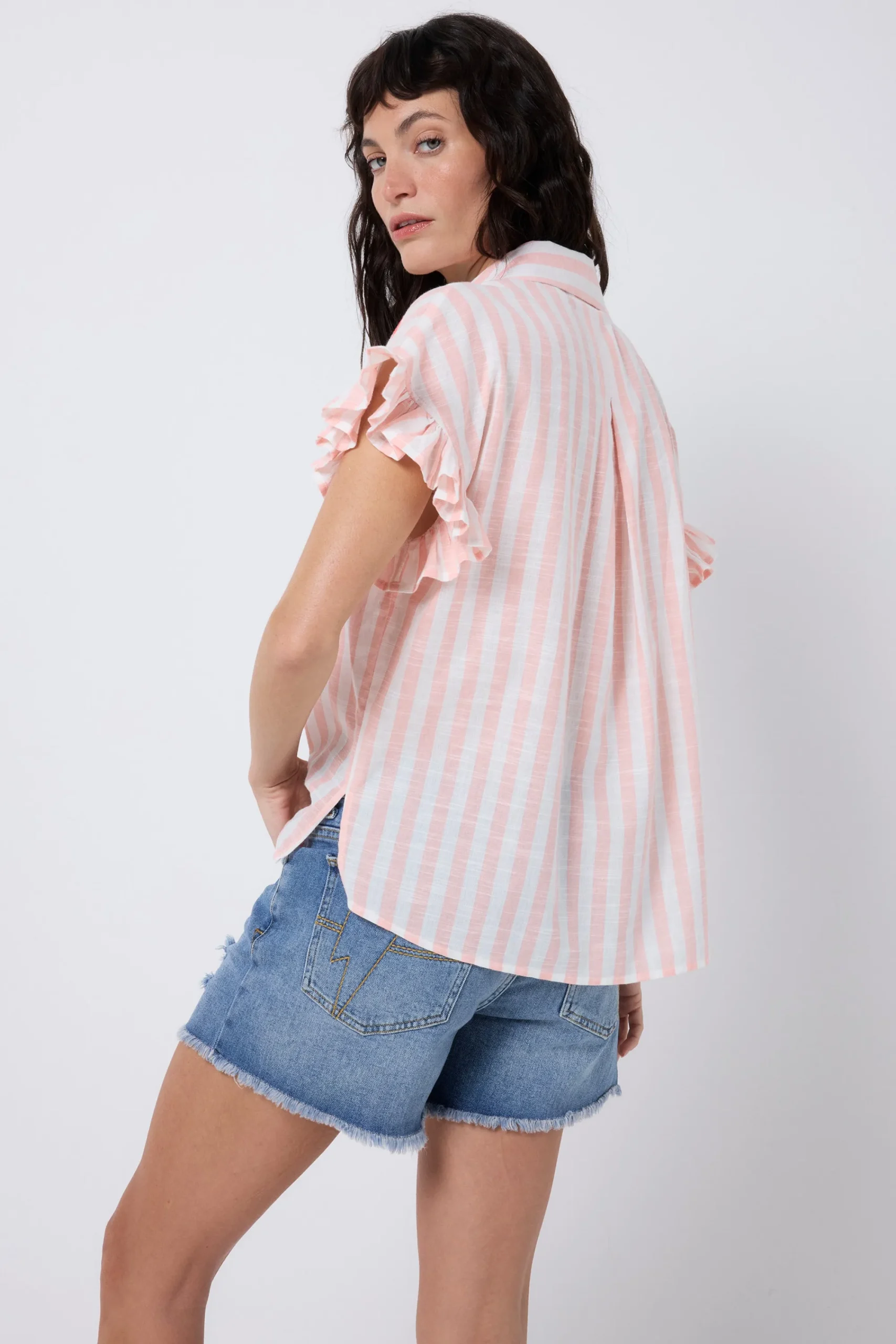 Women Scamp & Dude Coral and White Stripe Frill Sleeve Shirt