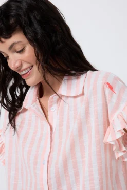 Women Scamp & Dude Coral and White Stripe Frill Sleeve Shirt