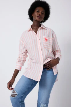 Women Scamp & Dude Coral and White Stripe Relaxed Shirt