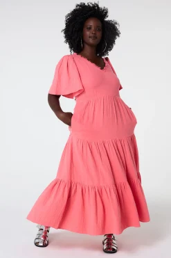 Women Scamp & Dude Coral Flute Sleeve Tiered Midi Dress