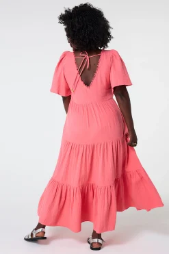 Women Scamp & Dude Coral Flute Sleeve Tiered Midi Dress