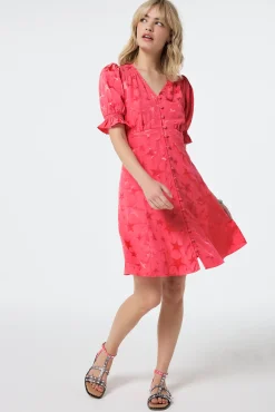 Women Scamp & Dude Coral Star Jacquard Flute Sleeve Short Tea Dress