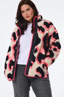 Women Scamp & Dude Cream with Coral and Black Mega Shadow Leopard Button Through Fleece Jacket