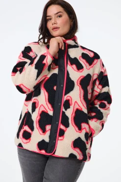 Women Scamp & Dude Cream with Coral and Black Mega Shadow Leopard Button Through Fleece Jacket