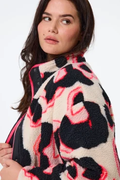 Women Scamp & Dude Cream with Coral and Black Mega Shadow Leopard Button Through Fleece Jacket