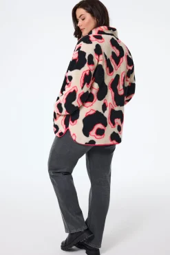 Women Scamp & Dude Cream with Coral and Black Mega Shadow Leopard Button Through Fleece Jacket