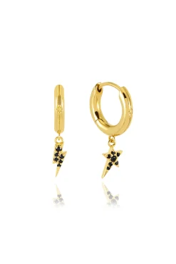 Women Scamp & Dude Gold Plated Huggie Hoops with Black Pavé Detailed Lightning Bolt & Star Charms