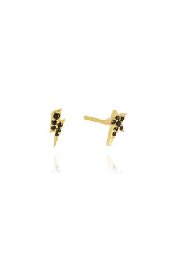 Women Scamp & Dude Gold Plated Lightning Bolt & Star Stud Earrings with Black Pavé Detailing
